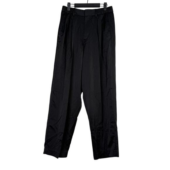 Zara Wide Leg High Rise Satin Trouser Dress Pant Belt Loops Pockets M Black - Picture 1 of 15